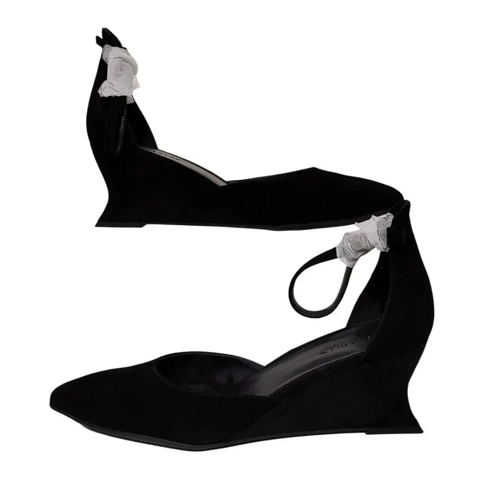Aerosoles Isra Wedge Pumps Almond Toe Ankle Strap Black Suede Womens US 10M NEW
